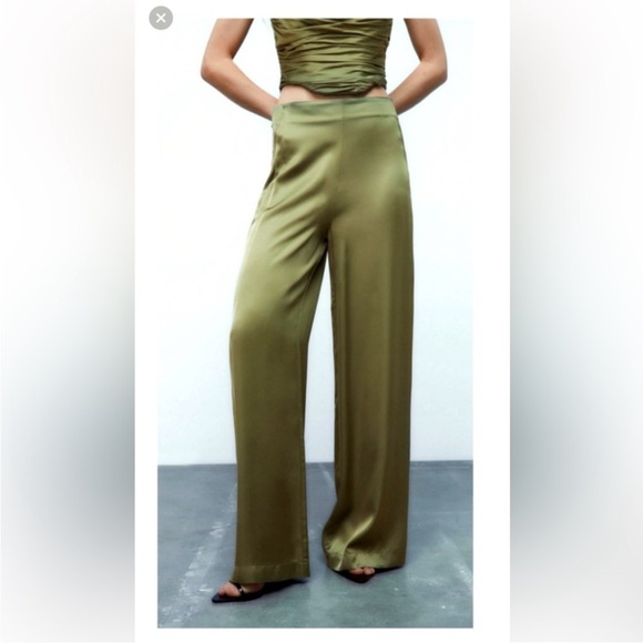 ZARA Wide Leg Green Satin Pants - Picture 3 of 11